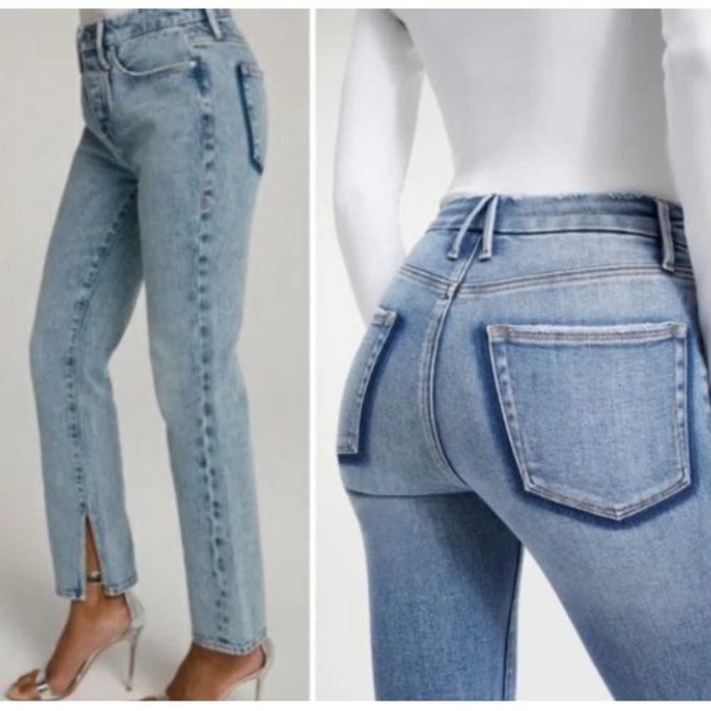 Good American Good Boy Pleats Shadow Pocket Jeans 12 31 Blue Straight Split Hem